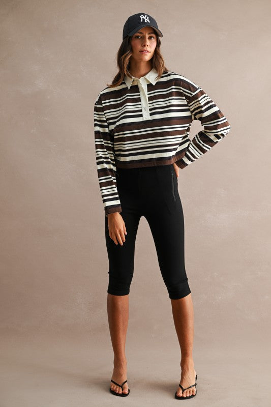 Long Sleeve Contrast Collar Cropped Top